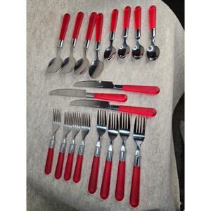 Stainless Steel Silverware Flatware Set with Red Handles Missing 1 Knife
